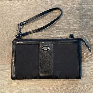 Coach Classic Monogram Black Leather Canvas Wristlet Wallet